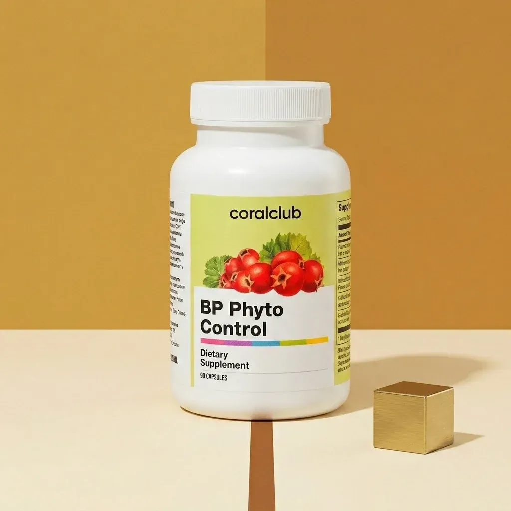 BP Phyto Control dietary supplement packshot with a white bottle and red fruit graphics on a beige background.