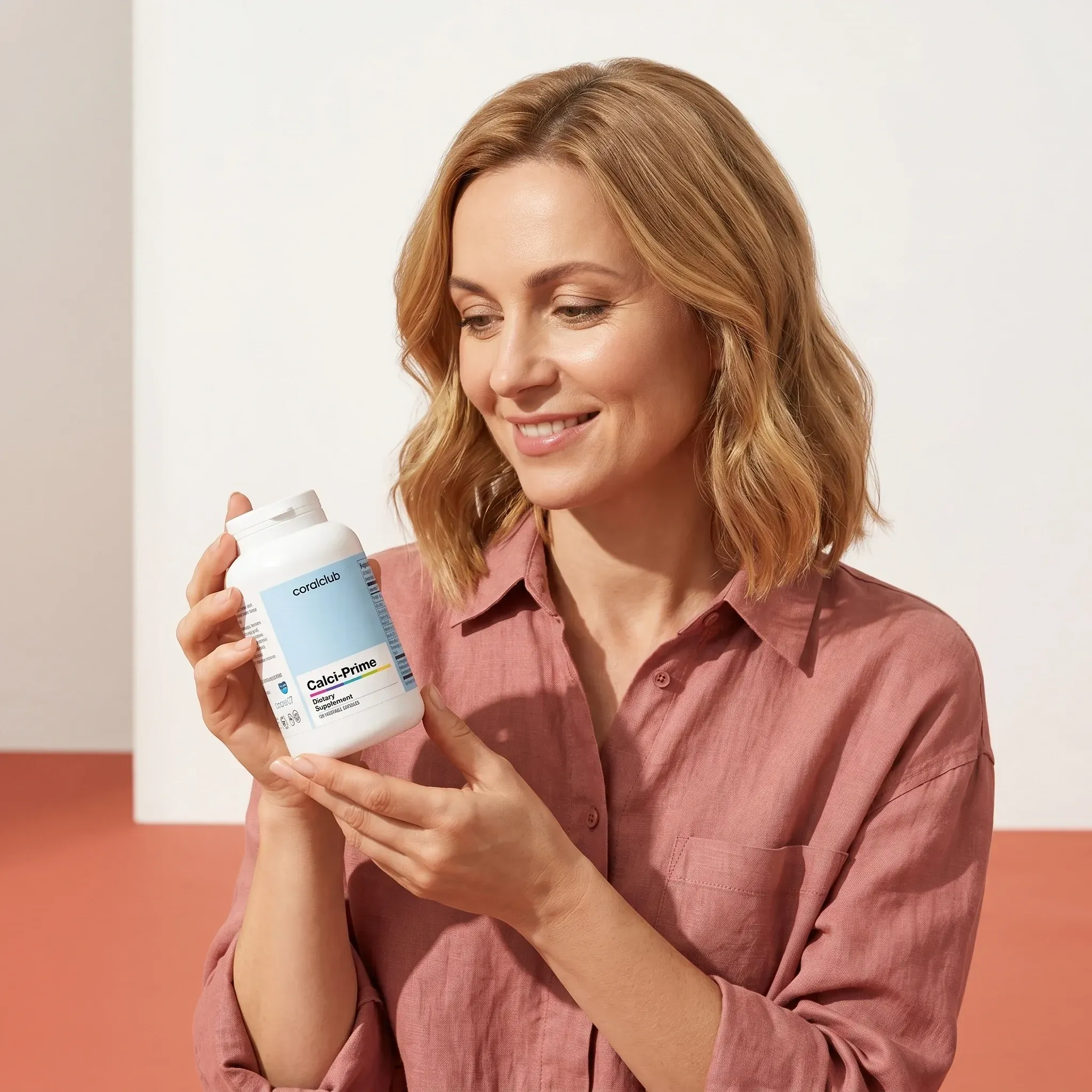 Calci-Prime lifestyle image featuring a woman holding the supplement bottle with a soft background.