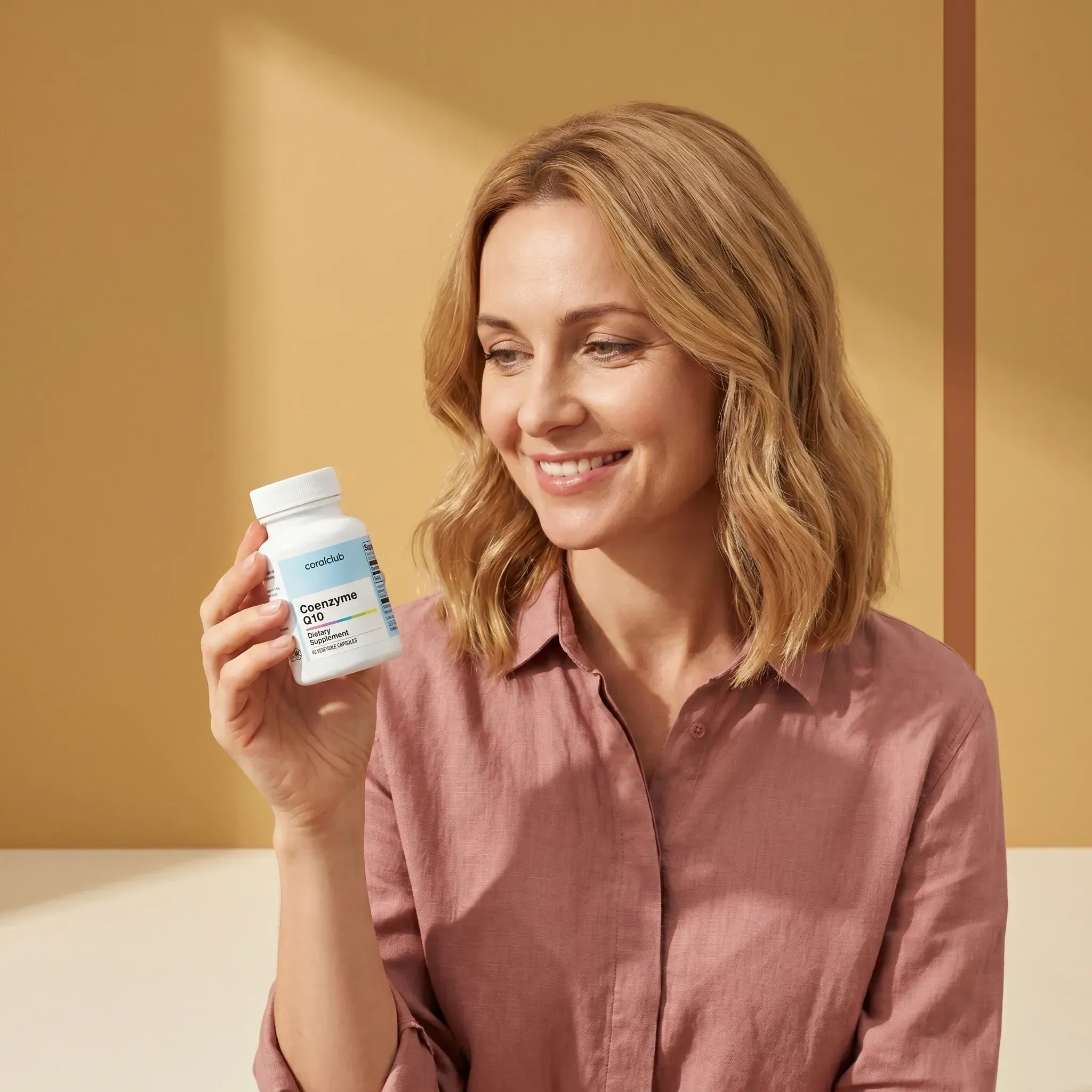 Coenzyme Q10 lifestyle image featuring a woman holding the supplement bottle.