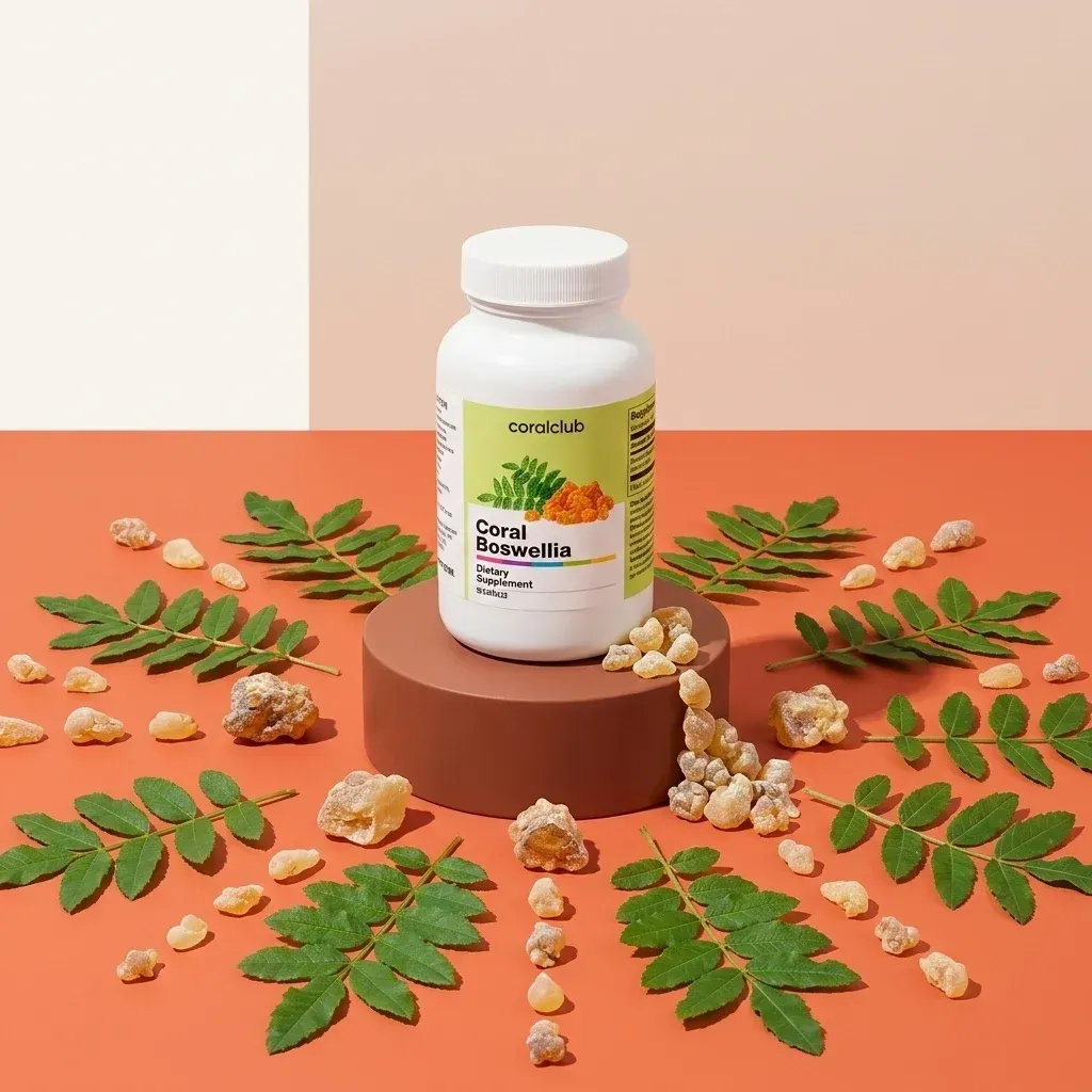 Coral Boswellia supplement bottle surrounded by Boswellia resin and green leaves on a colorful background.