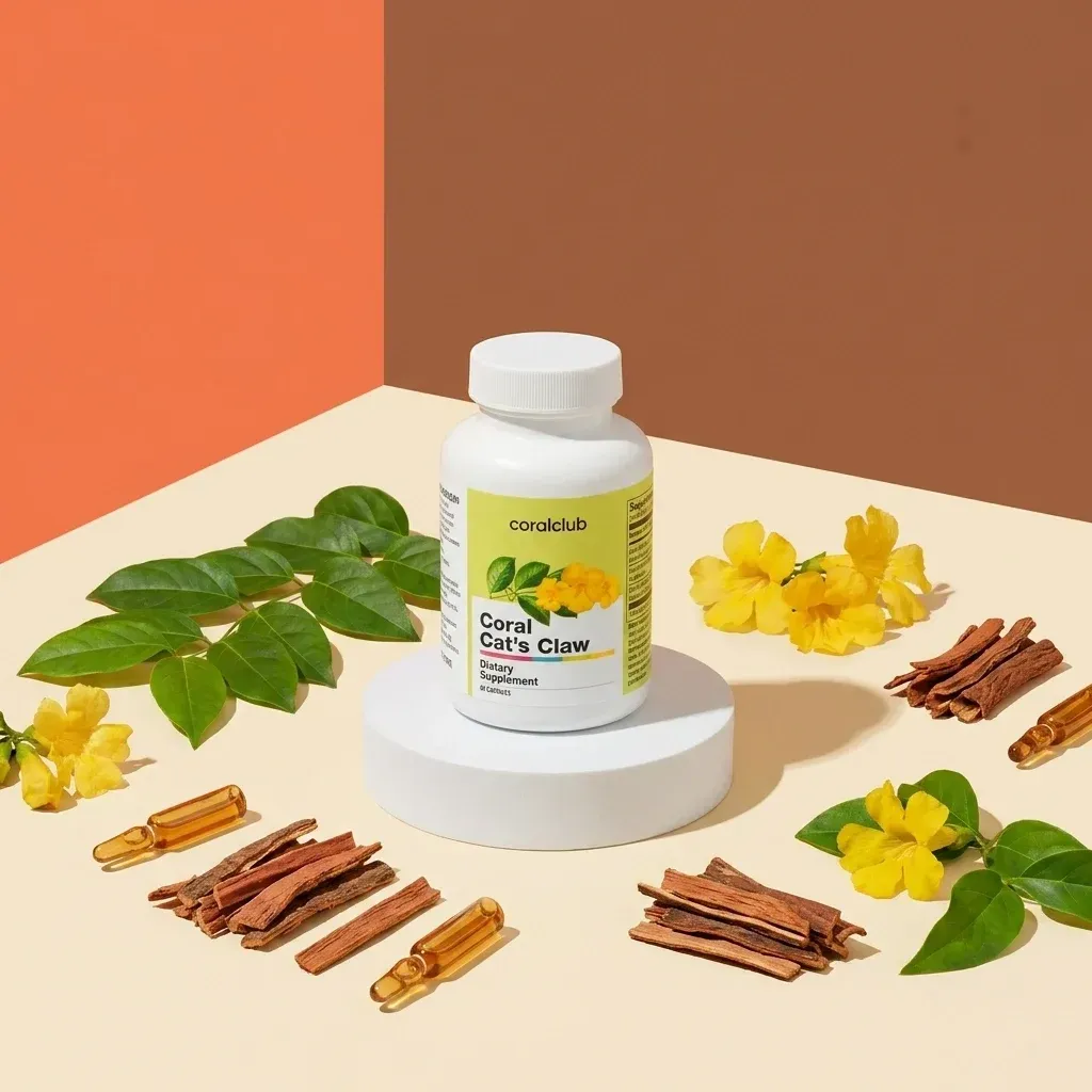 Coral Cat's Claw dietary supplement bottle with yellow flowers and herbal sticks on a geometric background.