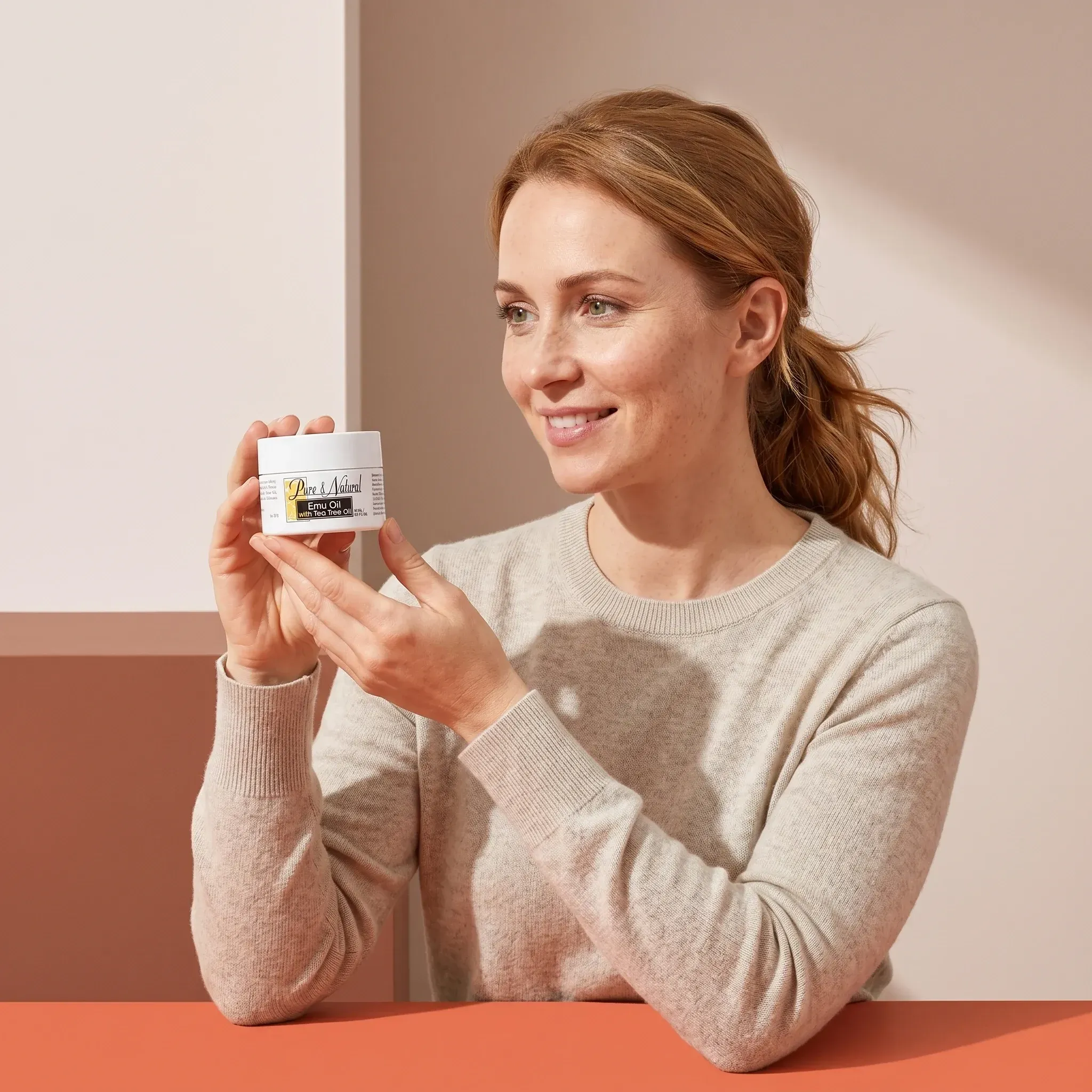 Emu Oil with Tea Tree Oil lifestyle shot, woman holding product in a bright, modern setting.
