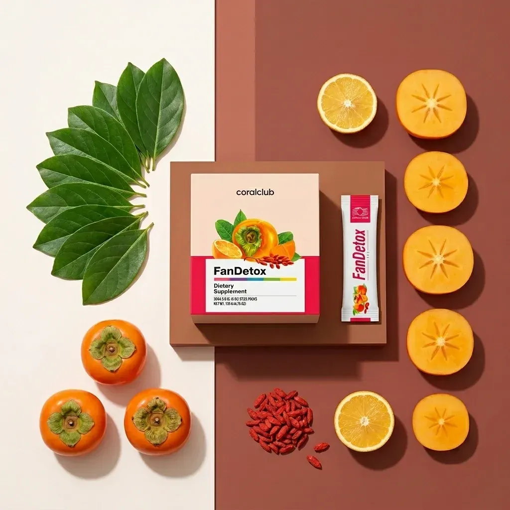 FanDetox dietary supplement with persimmons, goji berries, and citrus slices on a colorful background.
