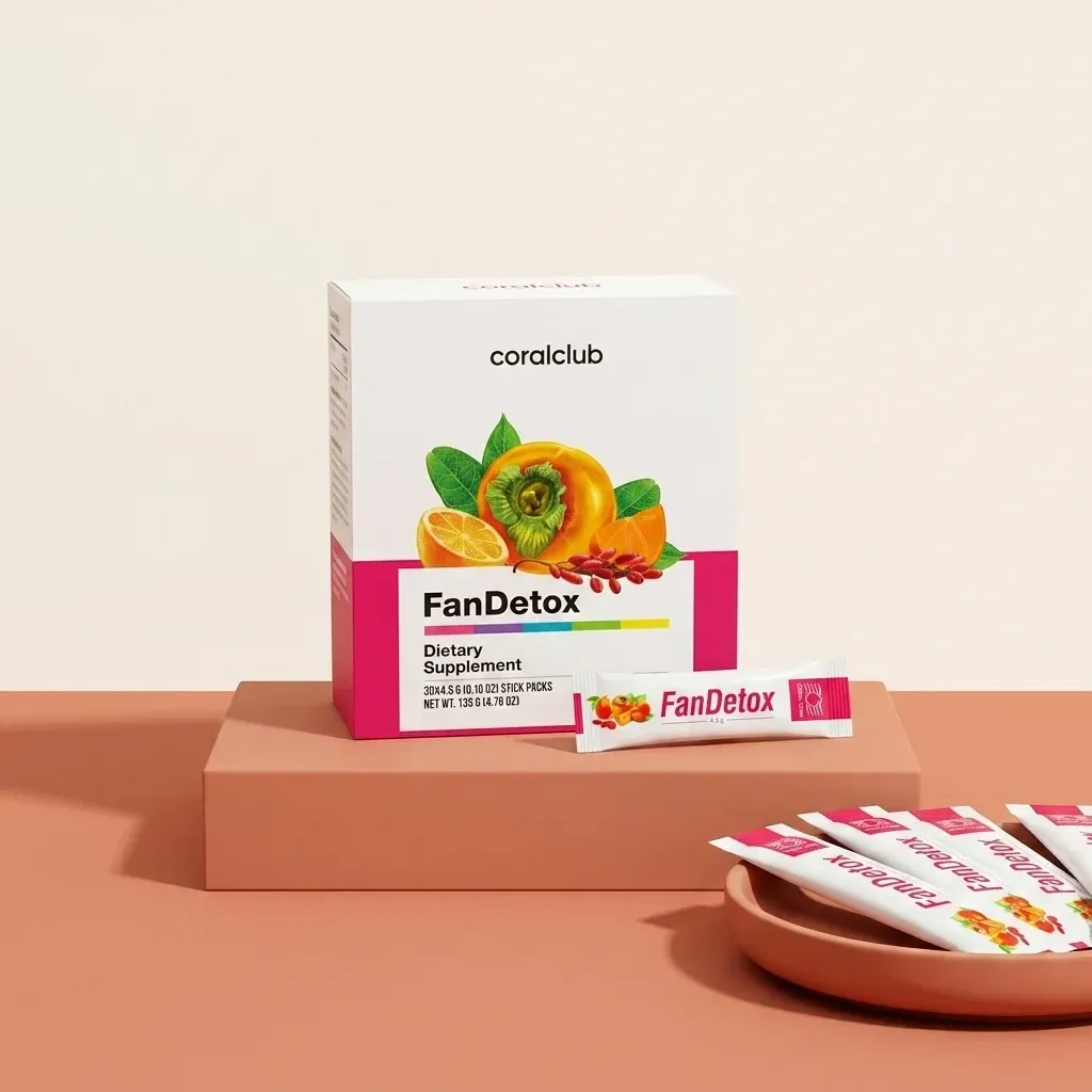 FanDetox dietary supplement packshot featuring vibrant packaging and individual sachets with fruit illustrations.