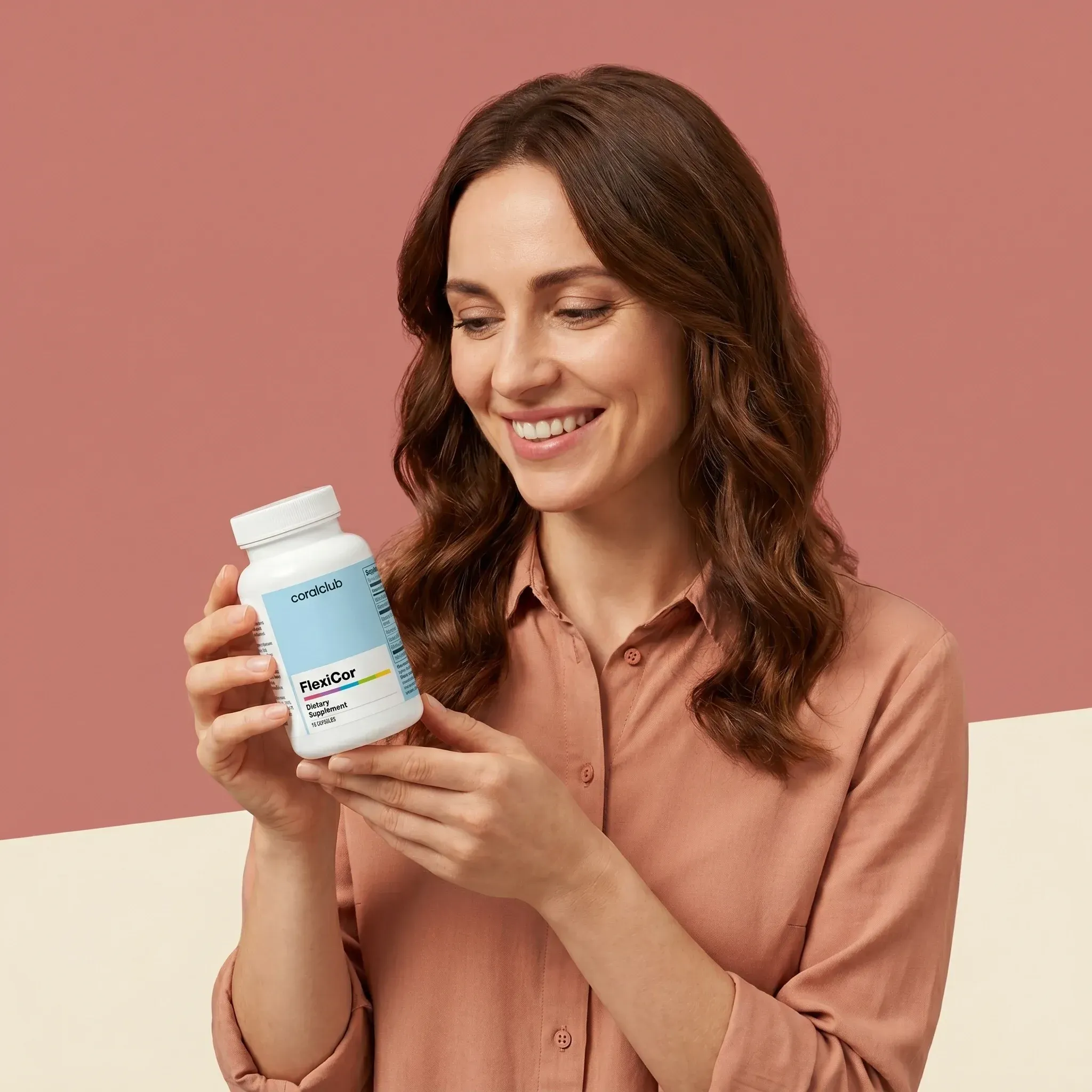 Woman holding FlexiCor supplement bottle against a pastel background.
