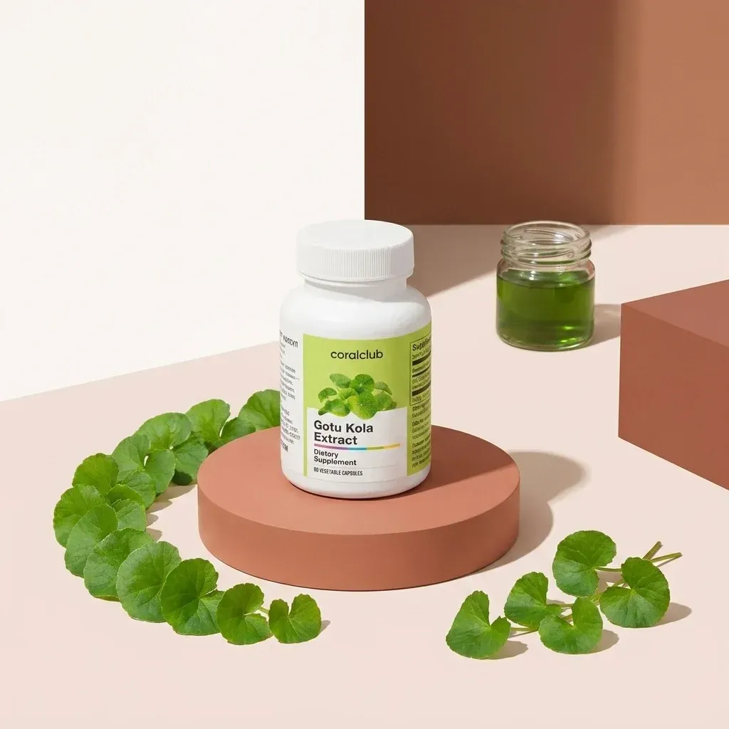 Gotu Kola Extract bottle with fresh leaves and a small jar of extract on a minimalist background.