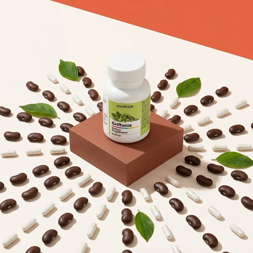 Griffonia ingredient supplement bottle surrounded by capsules and leaves on a colorful background.