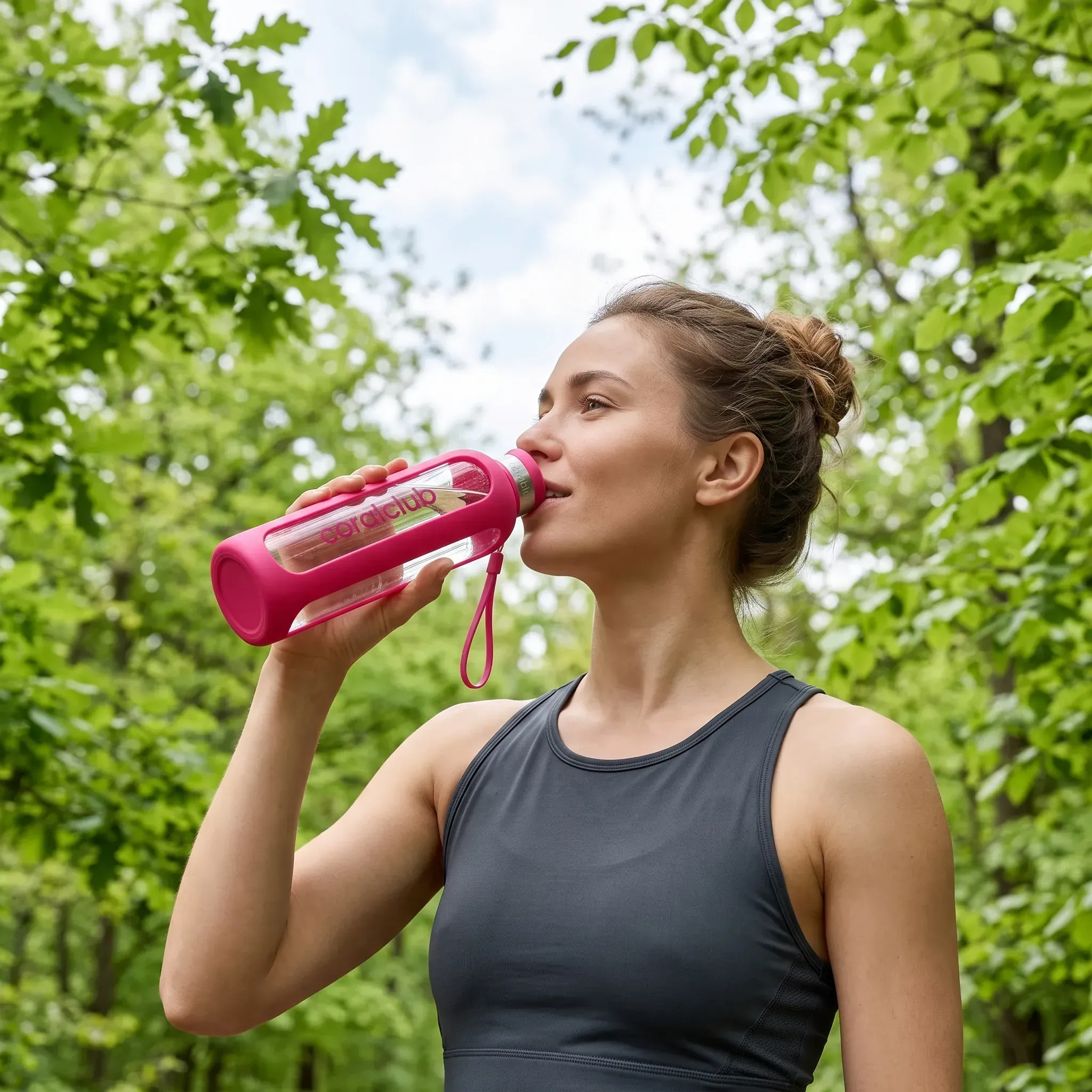 Woman drinking water from a Coral Club bottle in a park