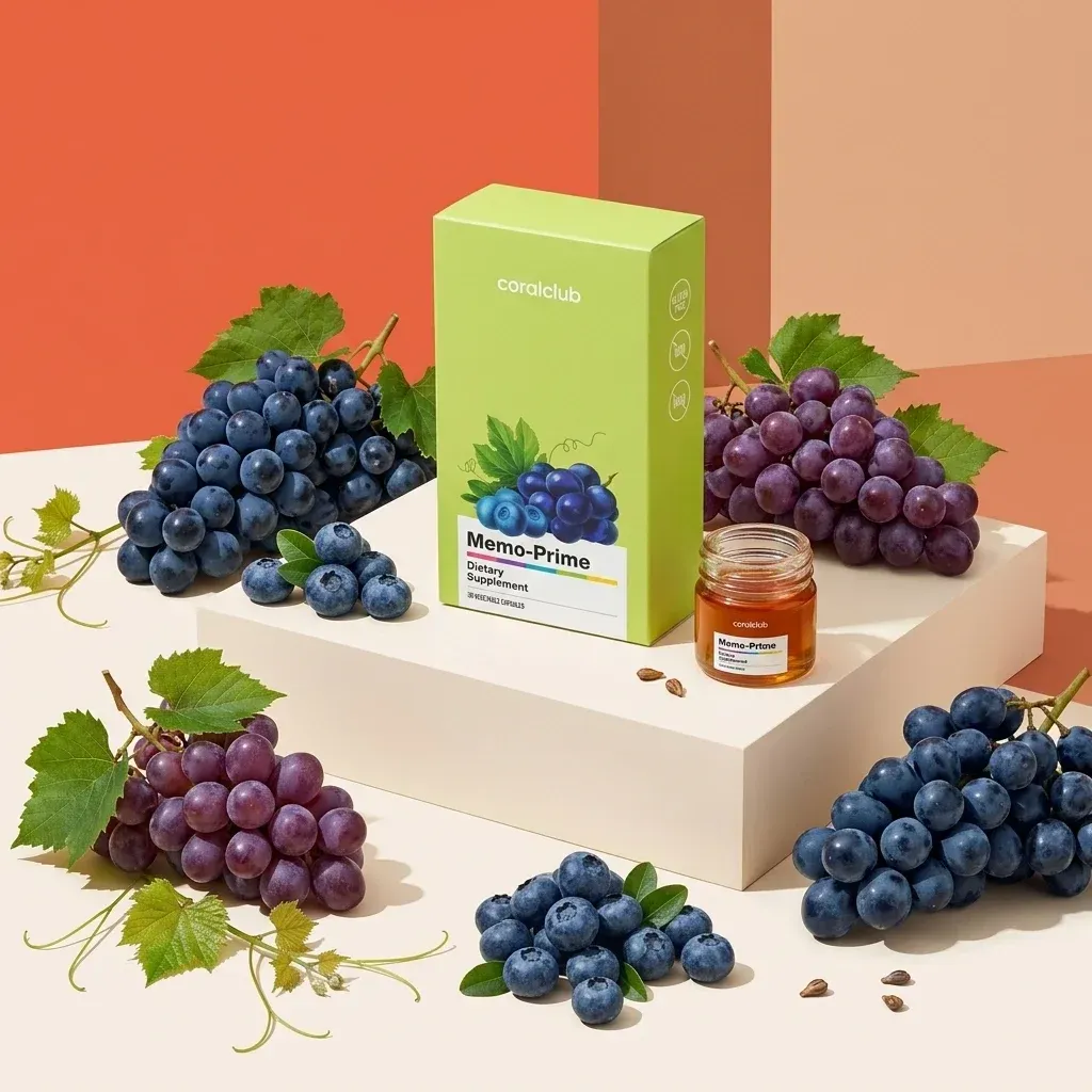 Memo-Prime ingredient packaging with fresh green and purple grapes, featuring a jar of honey.