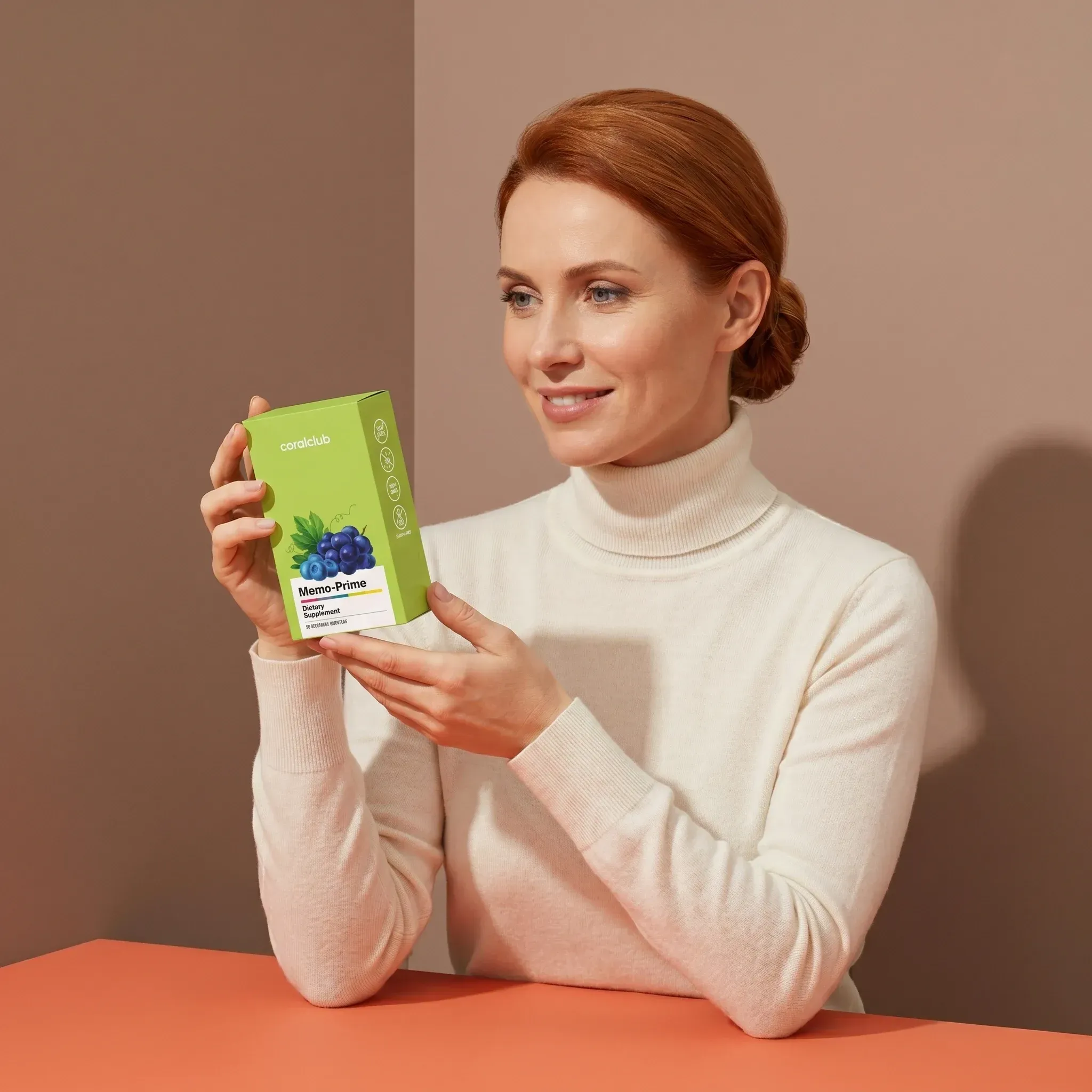 Woman holding Memo-Prime box in a modern lifestyle setting with warm tones.