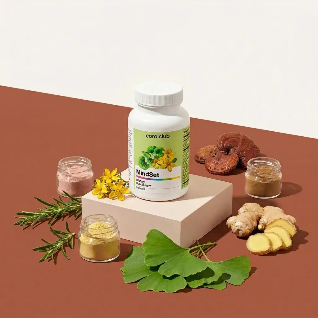 MindSet supplement bottle with herbal ingredients like ginkgo biloba, ginger, and spices on a neutral background.