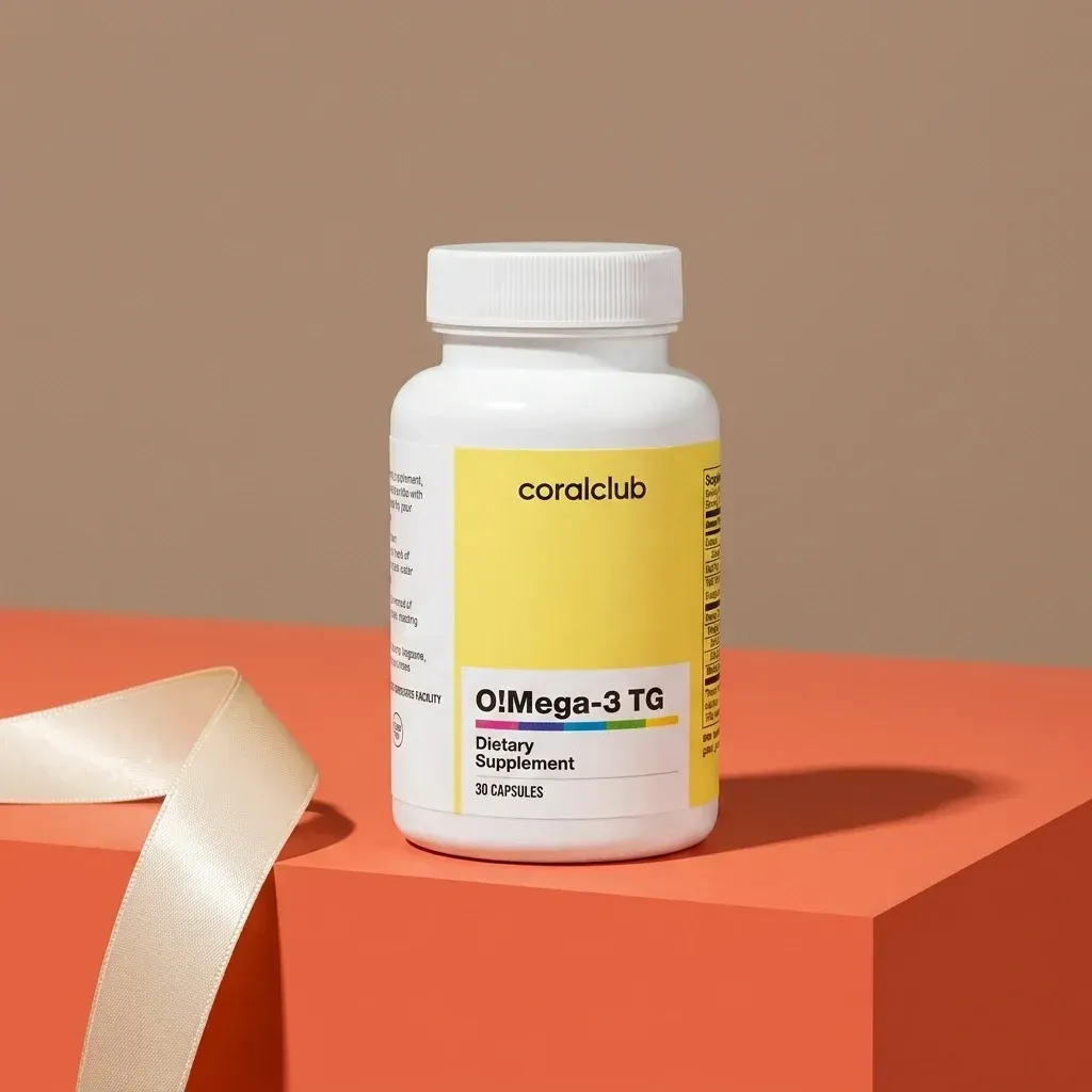 O!Mega-3 TG dietary supplement packshot with yellow label and 30 capsules bottle on a coral background.