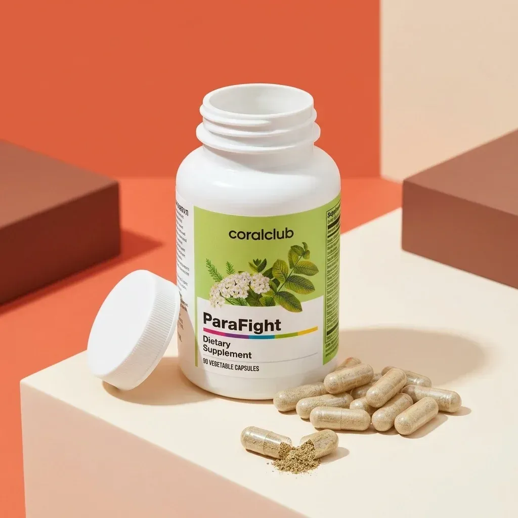 ParaFight dietary supplement bottle with capsules and powder on a colorful background.