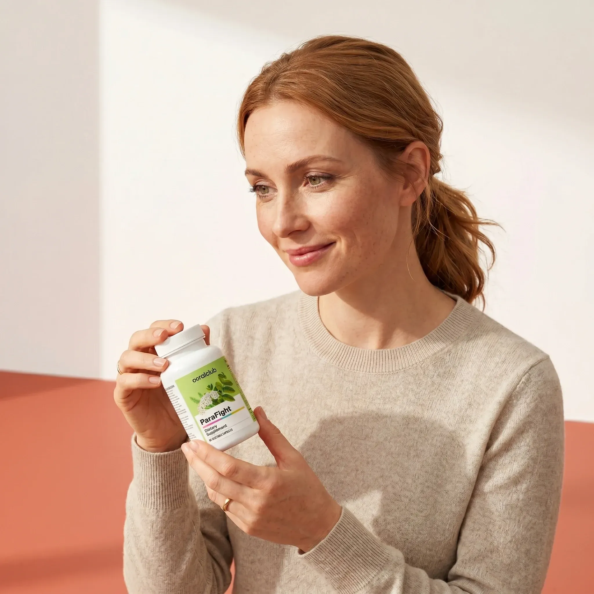Woman holding ParaFight dietary supplement bottle in a bright lifestyle setting.