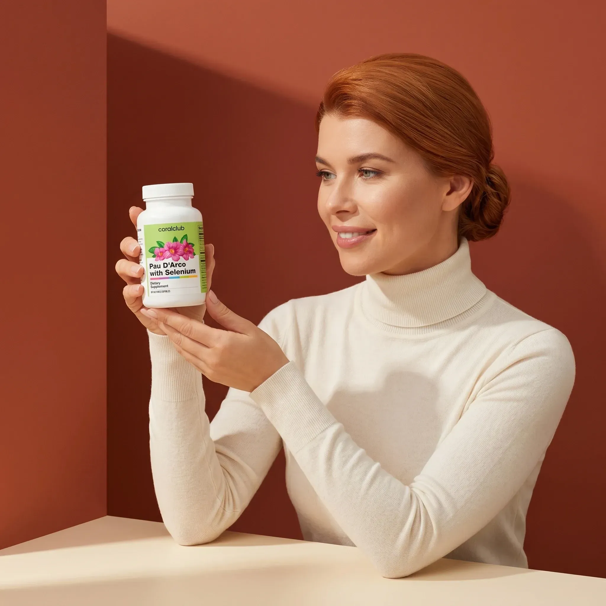 Pau d'Arco with Selenium lifestyle shot featuring a woman holding the product bottle.