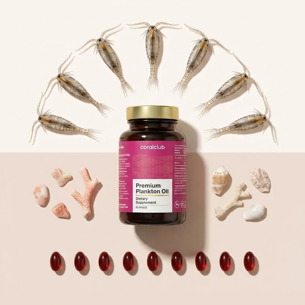 Premium Plankton Oil dietary supplement with marine ingredients and softgel capsules.