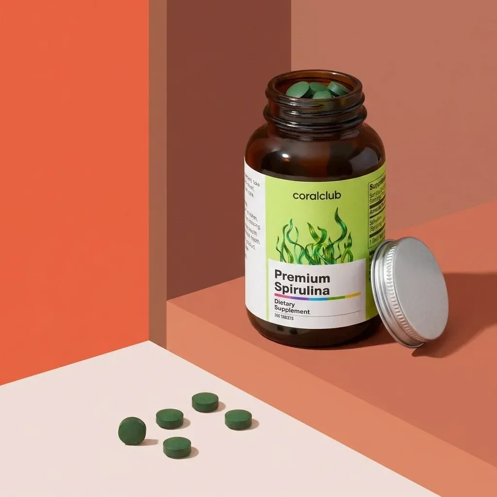 Premium Spirulina dietary supplement in a jar with green tablets on a minimalist background.