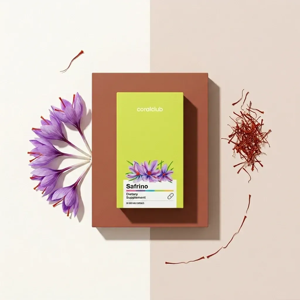 Safrino dietary supplement box with saffron strands and saffron flowers on a pastel background.