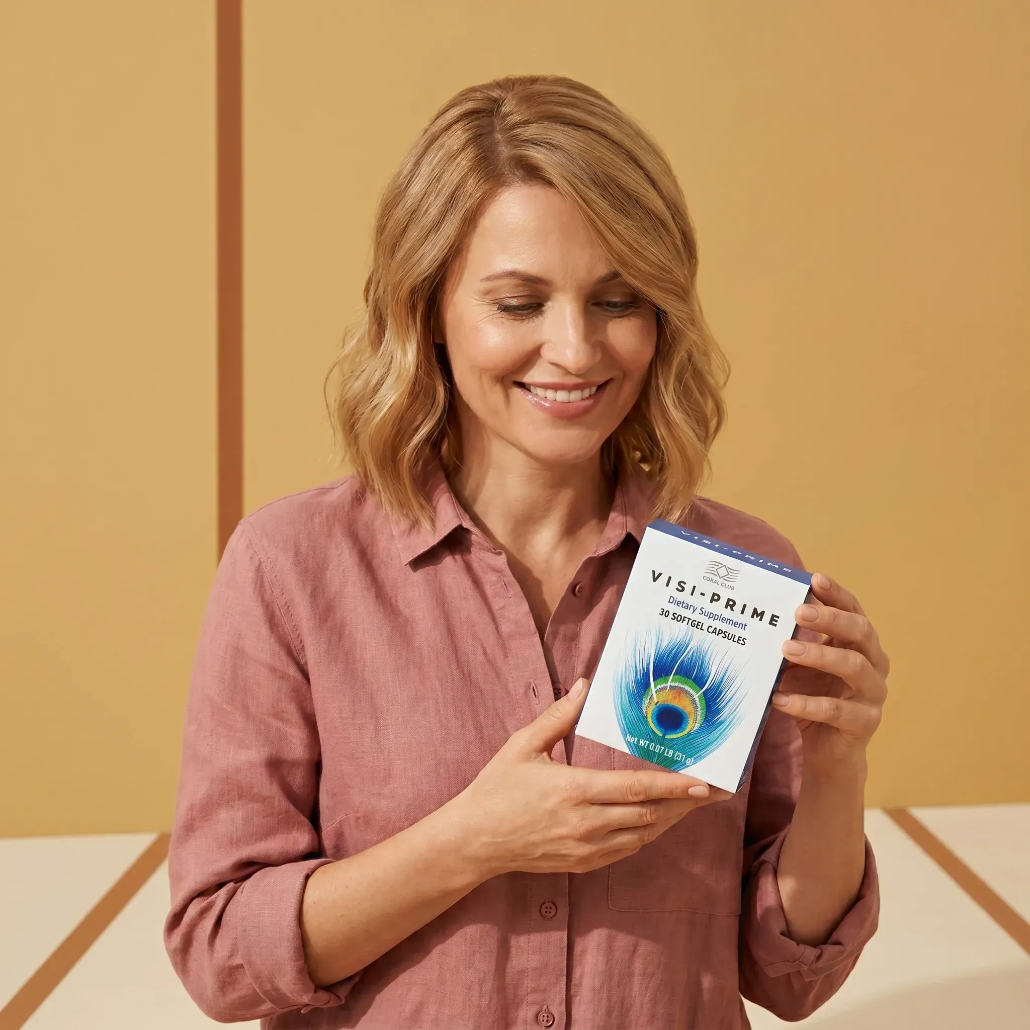 Woman holding Visi-Prime box in a lifestyle setting with a warm background.